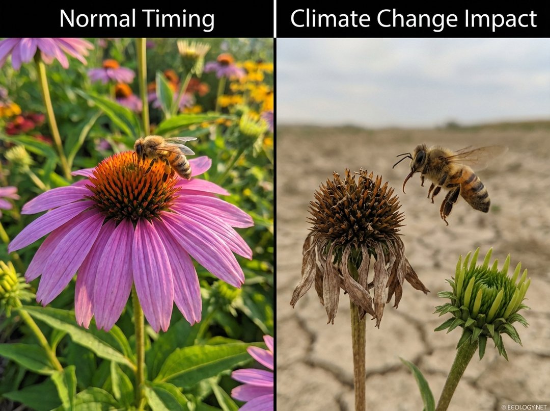 Two scenes depicting phenological mismatch: a healthy bee pollinating a flower (normal timing) versus a confused bee with a withered flower (climate change impact).