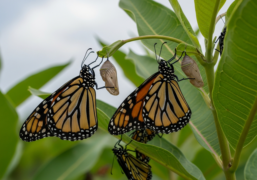 Monarch butterflies emerging from their chrysalises on a milkweed plant, illustrating insect emergence.