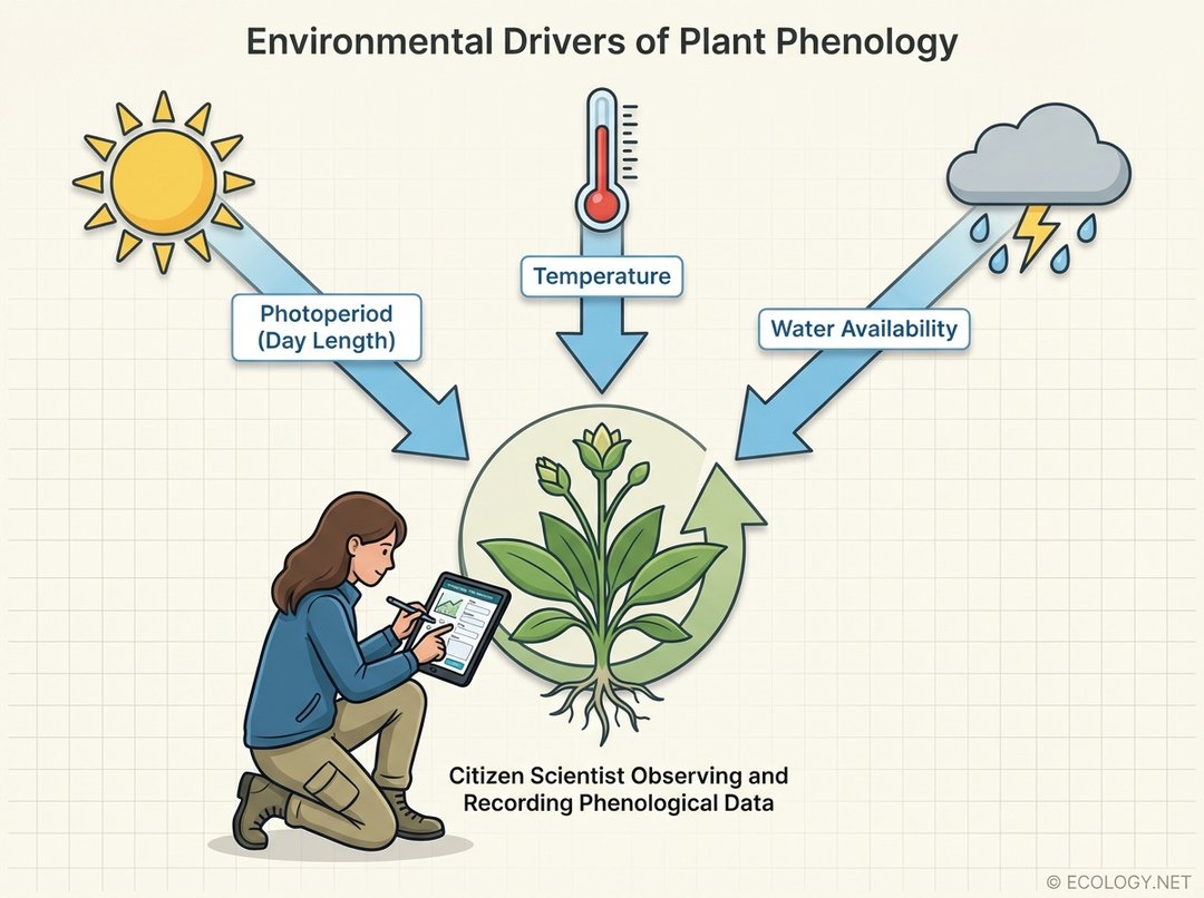 Diagram showing environmental drivers of phenology: photoperiod, temperature, and water availability, with a citizen scientist observing a plant.
