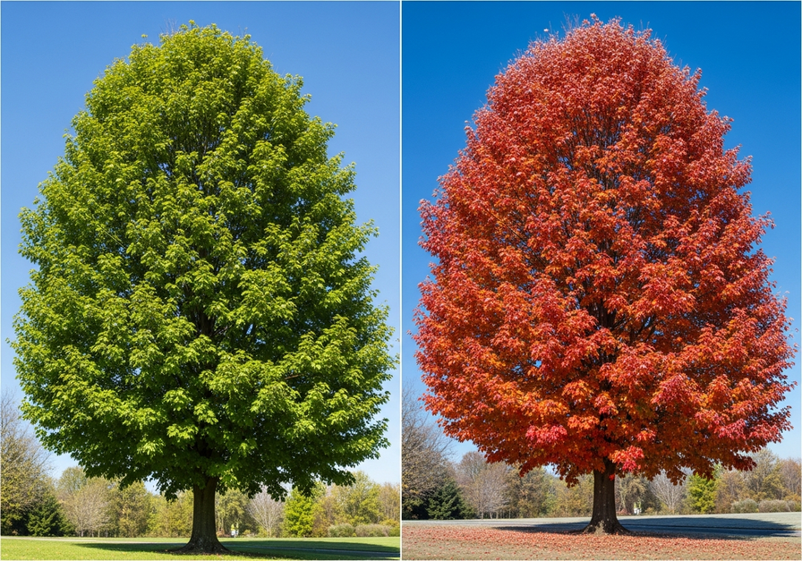 A split-screen image of a maple tree, showing lush green leaves in summer on the left and vibrant autumn colors on the right.