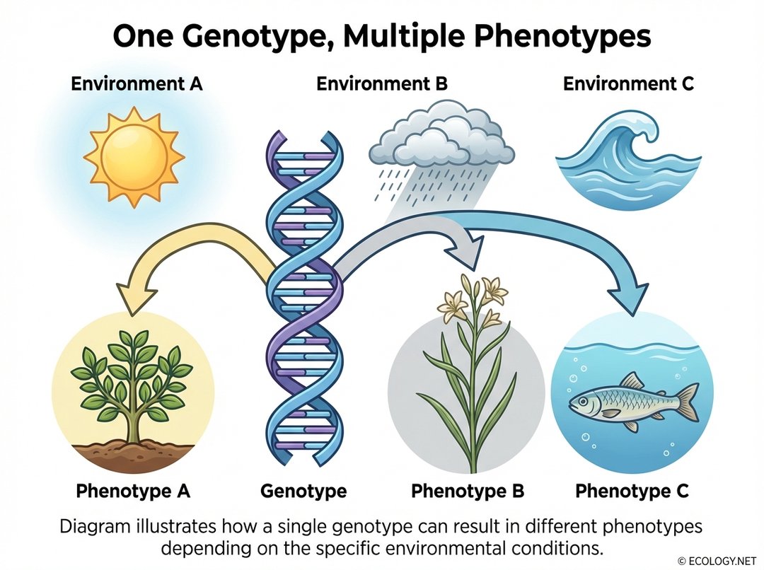 Diagram illustrating phenotypic plasticity with one genotype leading to multiple phenotypes in different environments.