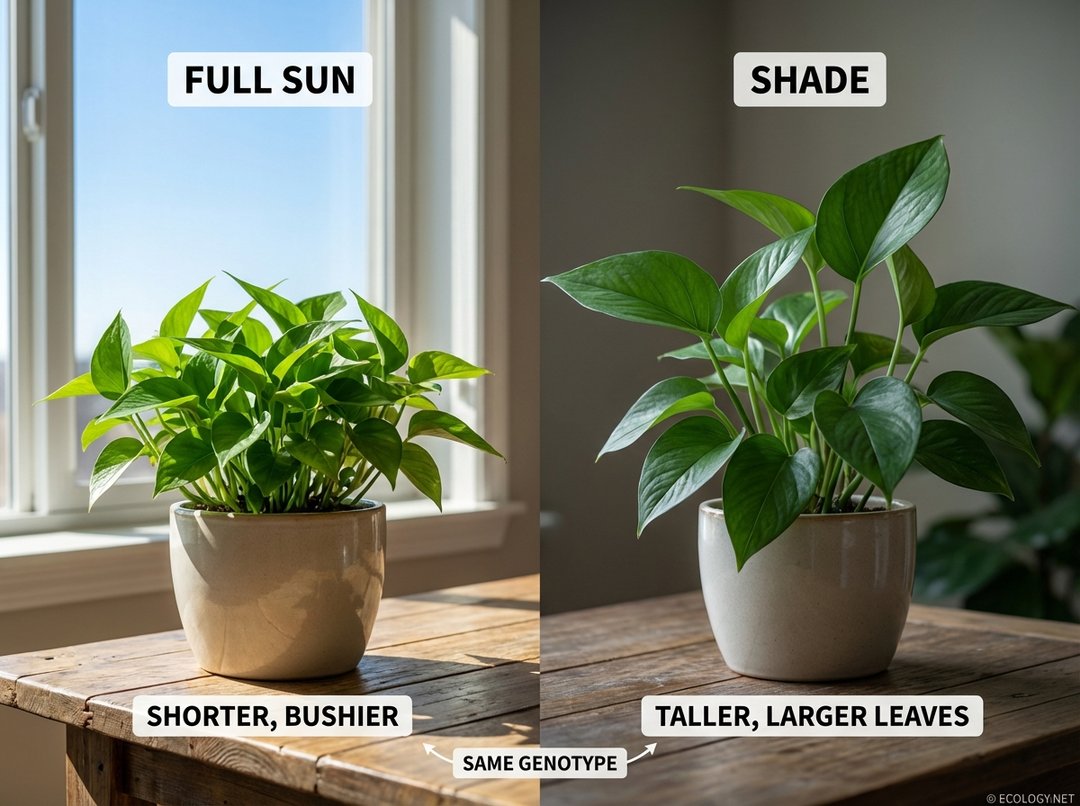 Two identical potted plants showing different growth forms: one short and bushy in full sun, the other tall and slender in shade.