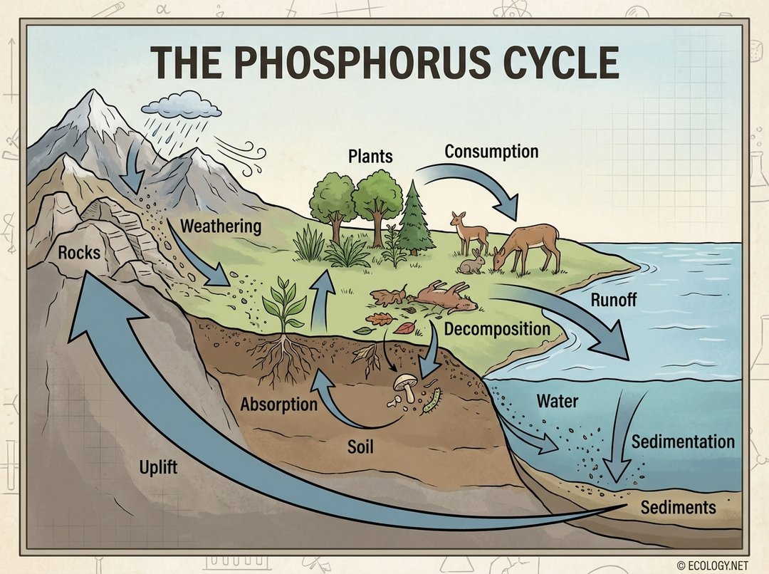 Illustrative diagram showing the complete phosphorus cycle, from rocks to soil, plants, animals, water, and sediments, with arrows indicating flow.