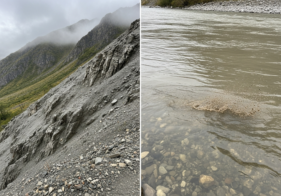 Phosphorus Release from Mountains: Weathered rocks and a sediment-laden river illustrate phosphorus entering aquatic systems.