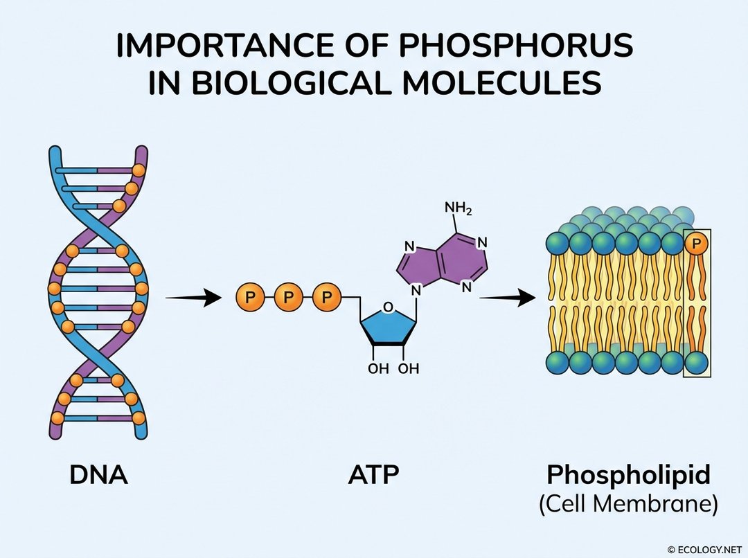 Diagram illustrating the role of phosphorus in biological molecules: DNA double helix, ATP molecule, and a cell membrane phospholipid.