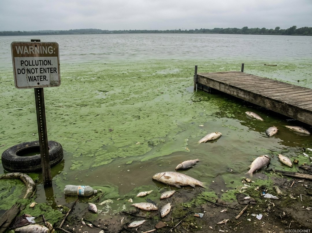 Photo-realistic image of a eutrophied lake with a dense green algae bloom and dead fish, showing environmental pollution.