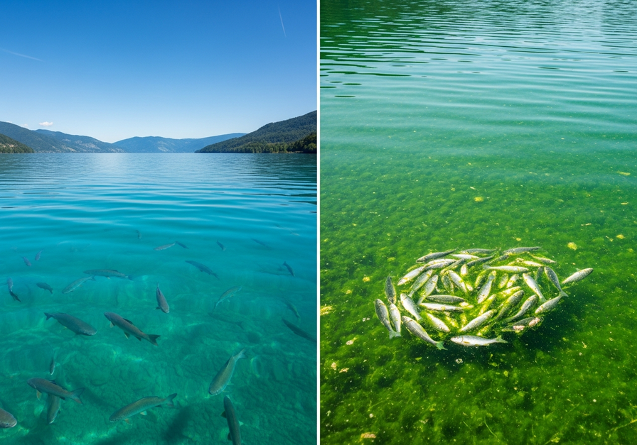 Eutrophication and Dead Zones: A clear lake contrasted with one choked by algal bloom and dead fish.