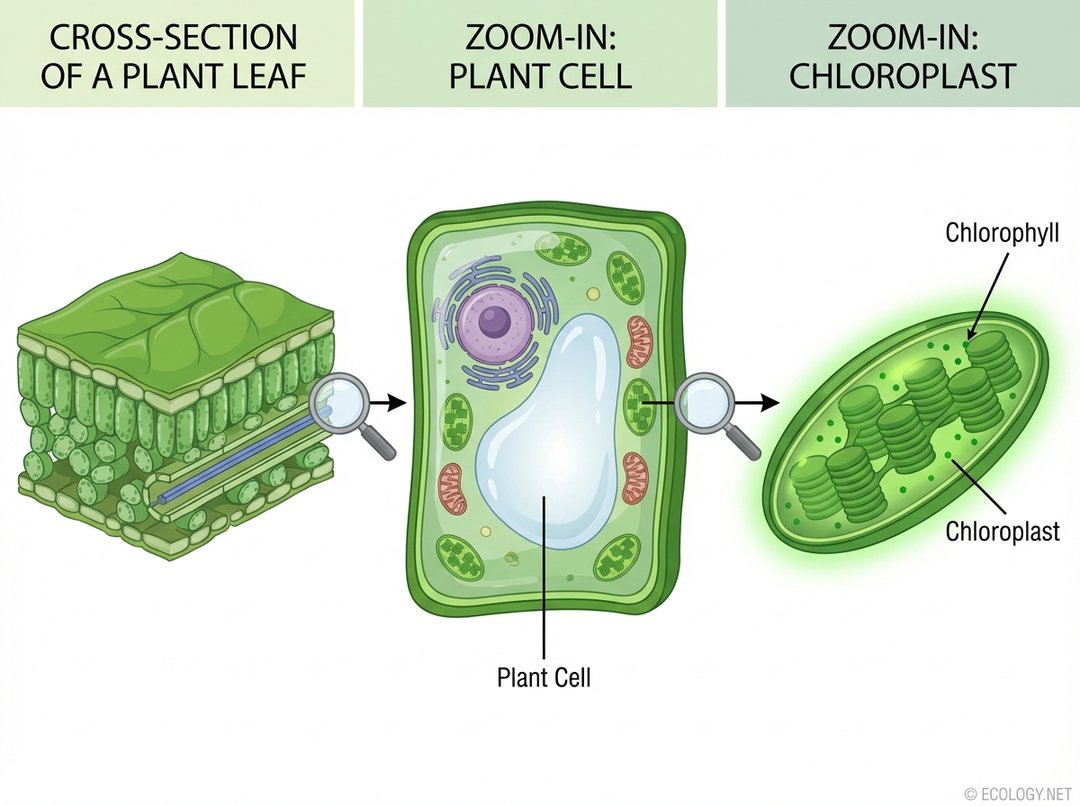 Zoomed diagram showing a leaf cross-section, a plant cell, and a chloroplast containing chlorophyll, the site of photosynthesis.