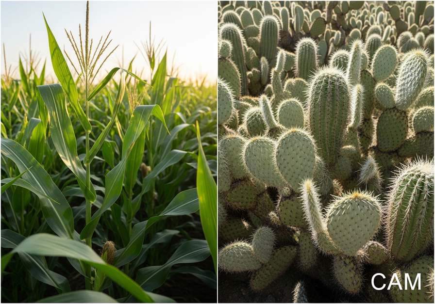 Split-screen image showing a cornfield on the left and a cactus patch on the right