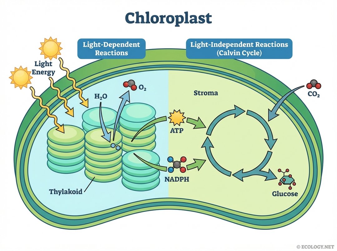 Diagram detailing the two stages of photosynthesis: light-dependent reactions in thylakoids and light-independent reactions (Calvin Cycle) in the stroma of a chloroplast.
