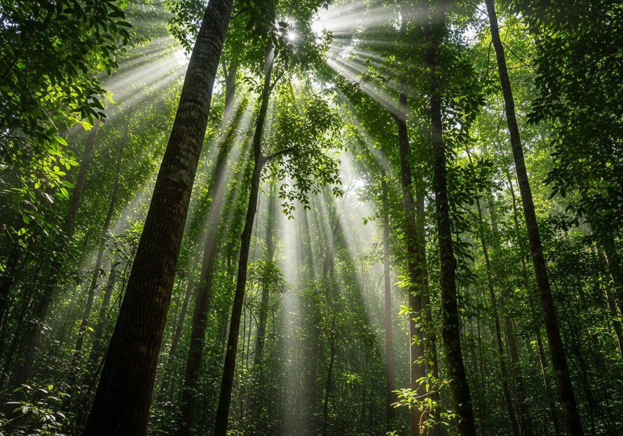 Wide-angle view of a dense tropical rainforest canopy with sunbeams