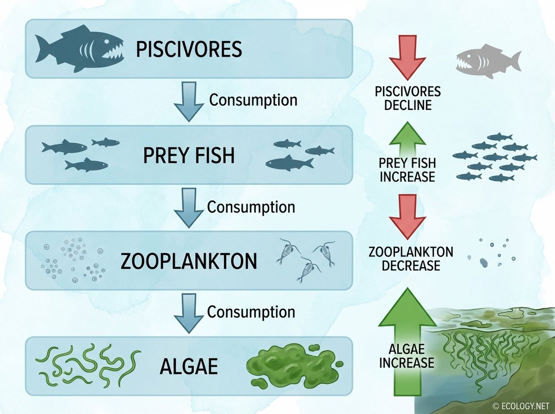A diagram illustrating a trophic cascade: Piscivores decline, leading to an increase in prey fish, a decrease in zooplankton, and an increase in algae, potentially causing an algal bloom.