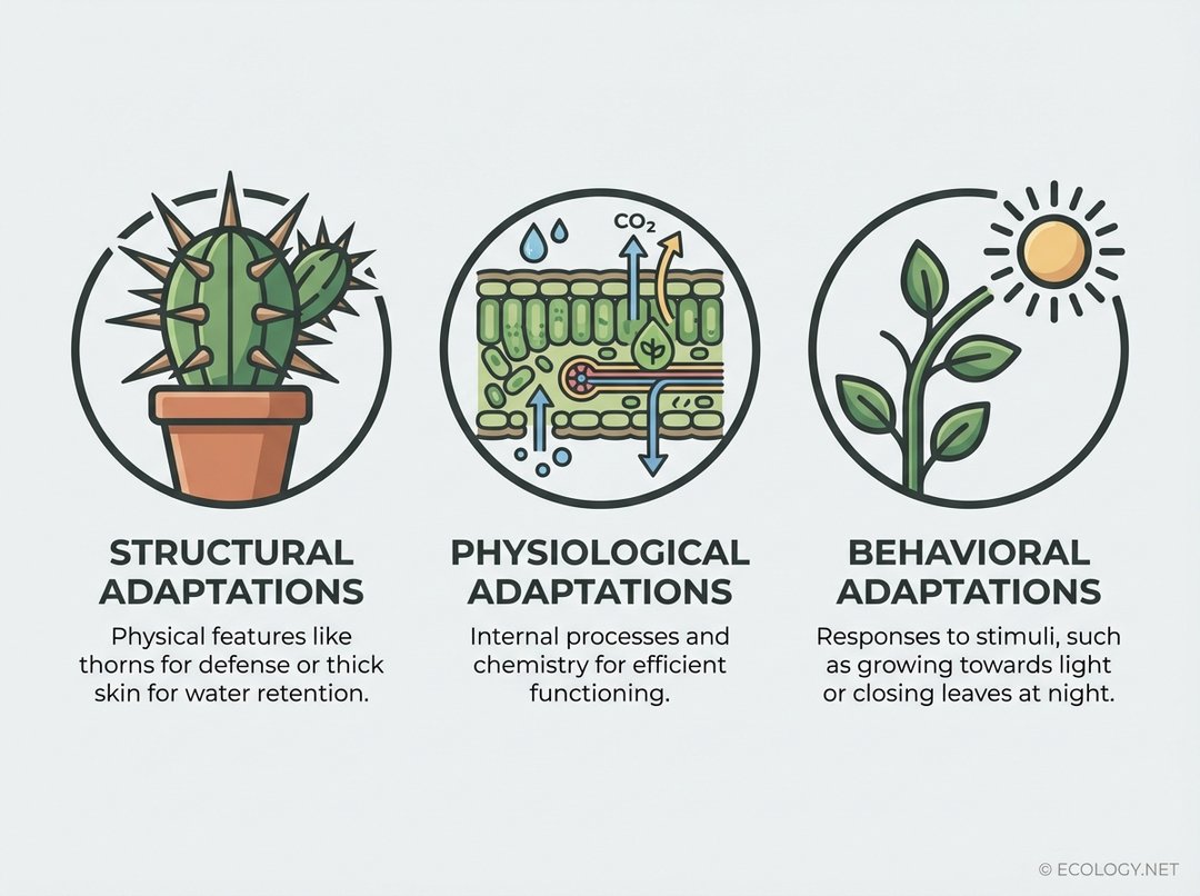Diagram illustrating three types of plant adaptations: structural (cactus), physiological (leaf cross-section), and behavioral (plant bending towards light).