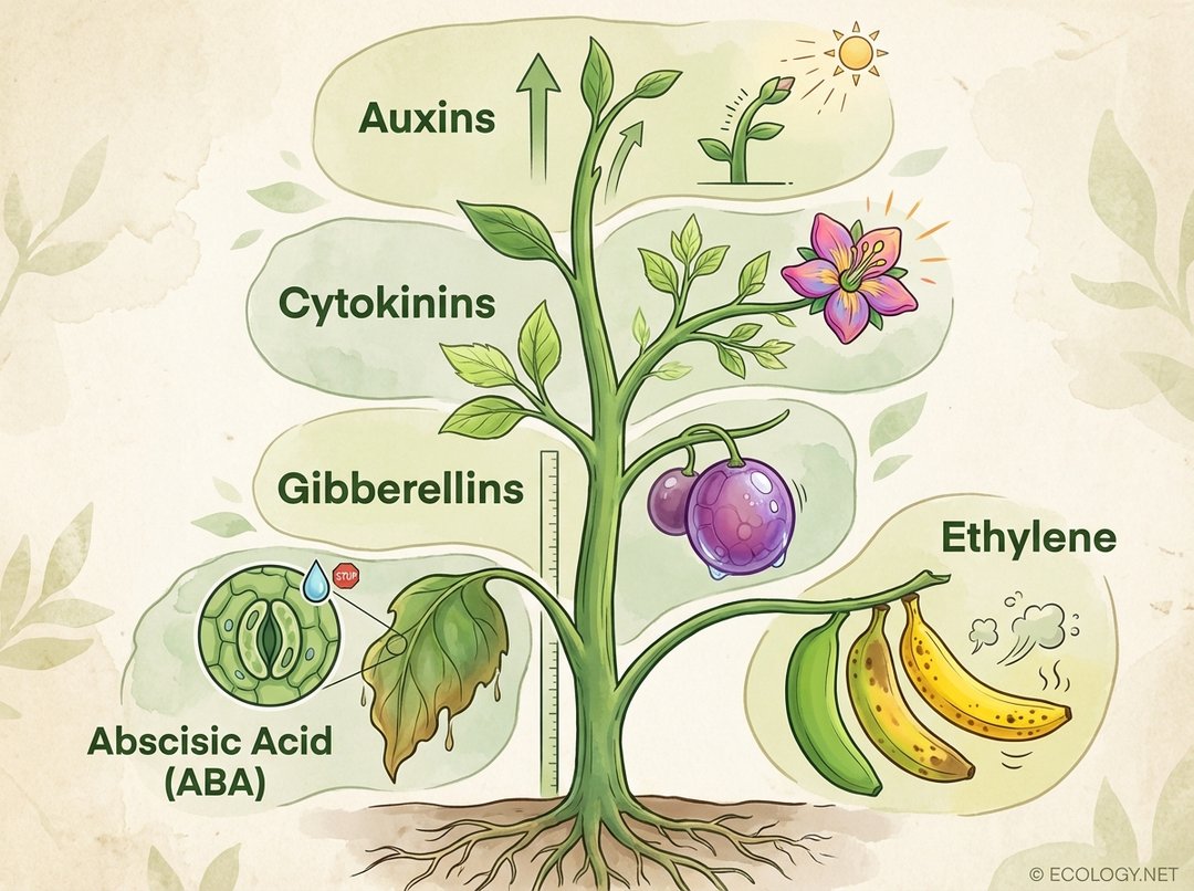 Illustrative diagram showing five major plant hormones and their primary effects: Auxins for stem elongation, Cytokinins for side branch growth, Gibberellins for tall stems and fruit, Abscisic Acid for wilting, and Ethylene for fruit ripening.
