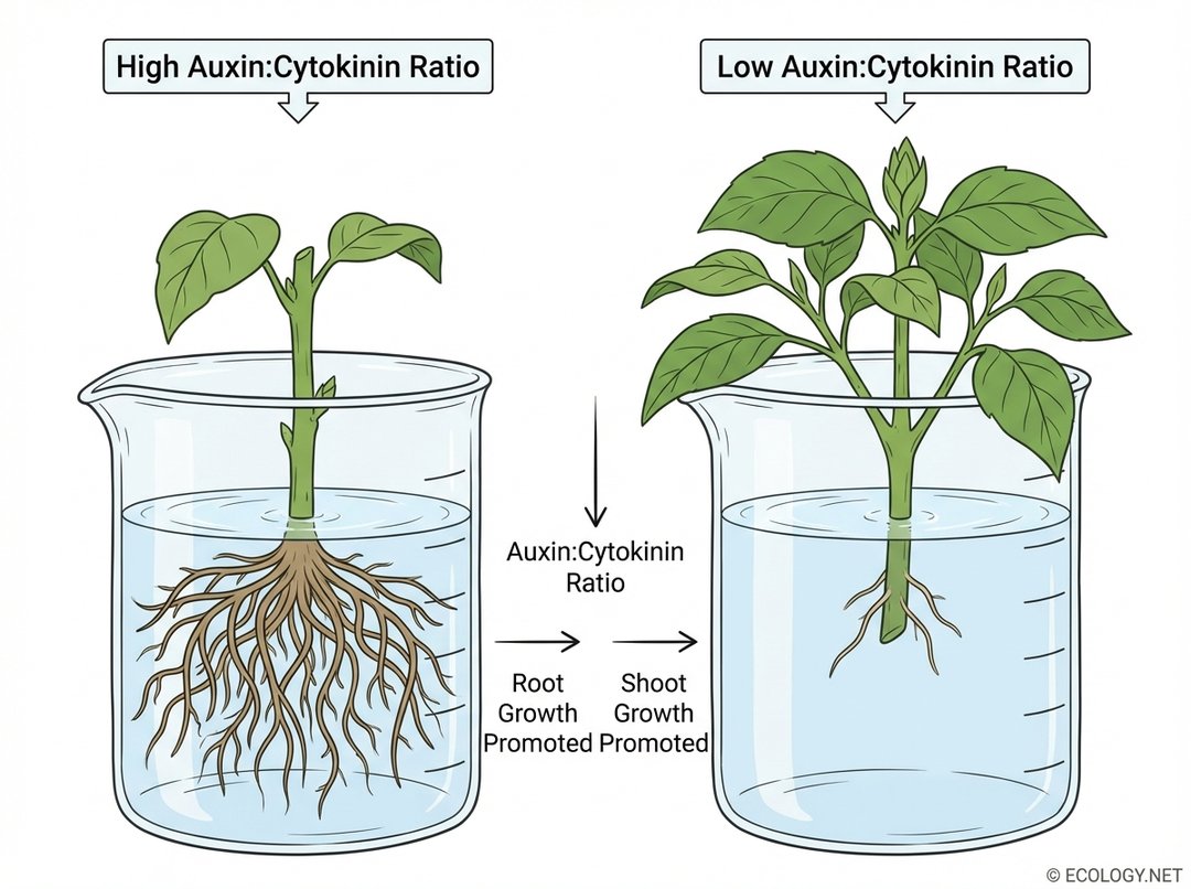 Illustrative diagram showing two plant cuttings. The left cutting, labeled 'High Auxin:Cytokinin Ratio', shows abundant root growth. The right cutting, labeled 'Low Auxin:Cytokinin Ratio', shows significant shoot growth.