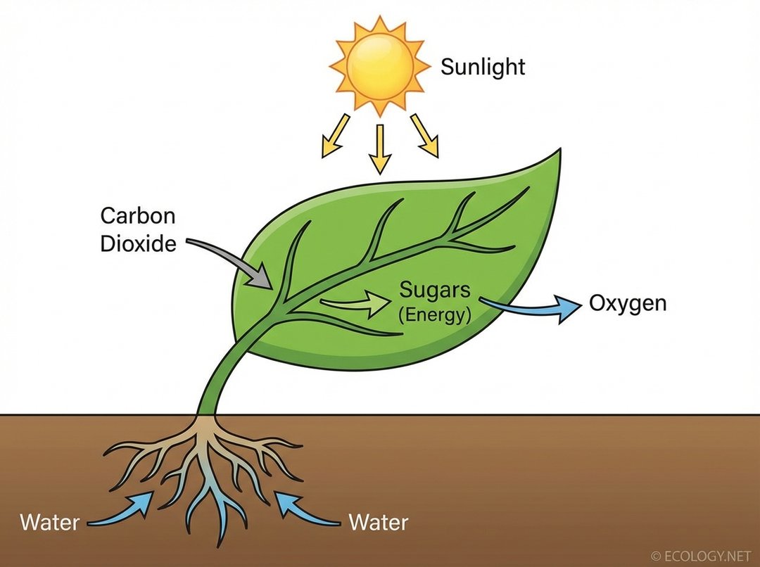 Diagram illustrating the process of photosynthesis, showing sunlight, carbon dioxide, and water intake, and oxygen and sugar output.
