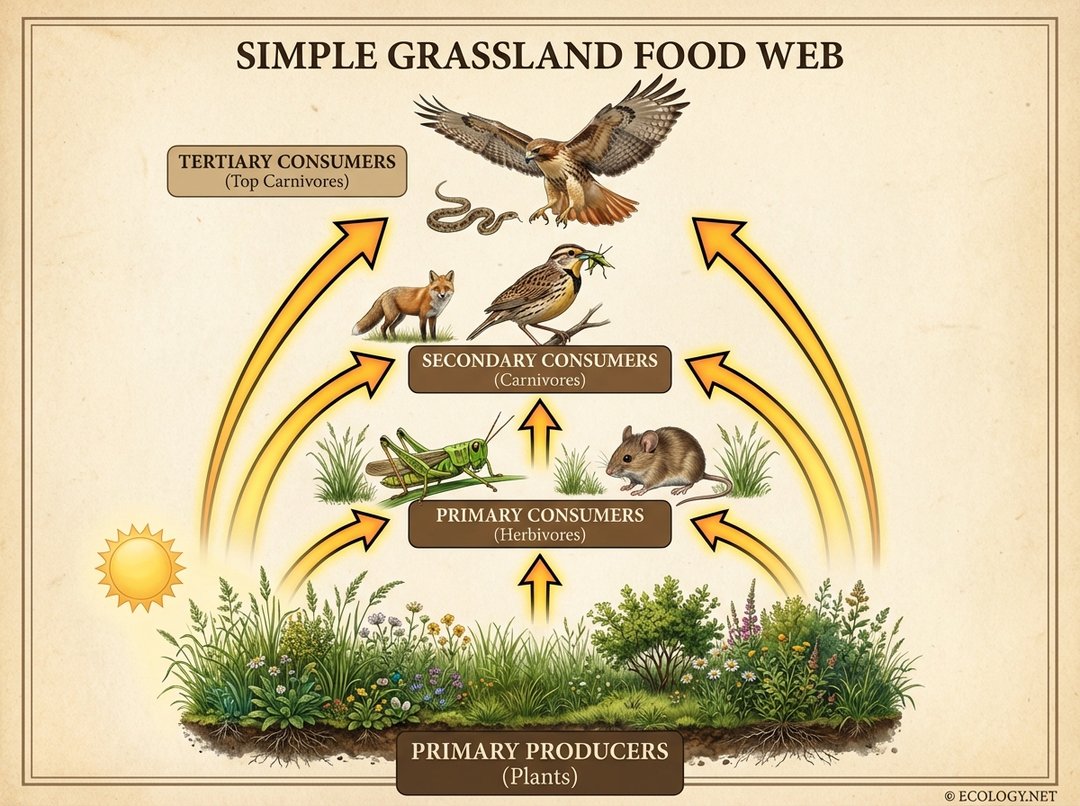 Diagram showing a grassland food web with plants as primary producers, eaten by herbivores, then carnivores.