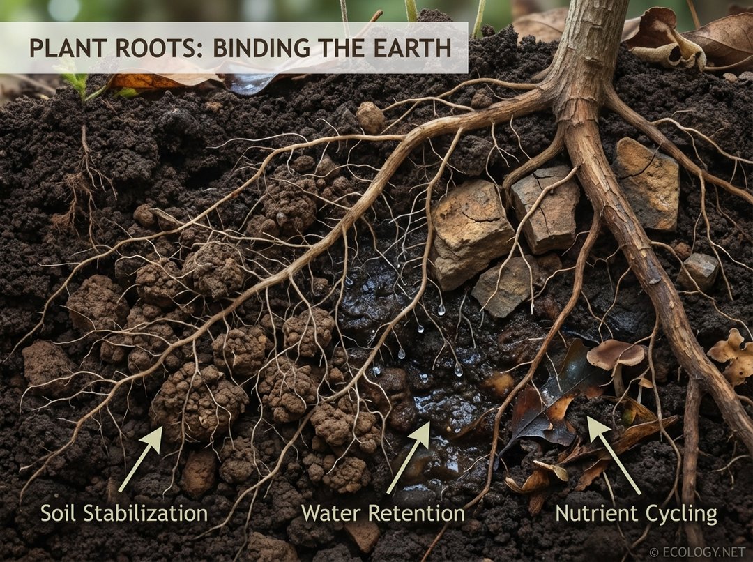 Illustrative cross-section of soil showing plant roots binding soil particles, preventing erosion, and aiding water retention.