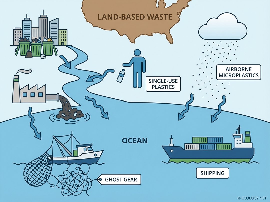 Diagram illustrating diverse sources of plastic pollution including land-based waste, single-use plastics, ghost gear, shipping, and airborne microplastics.