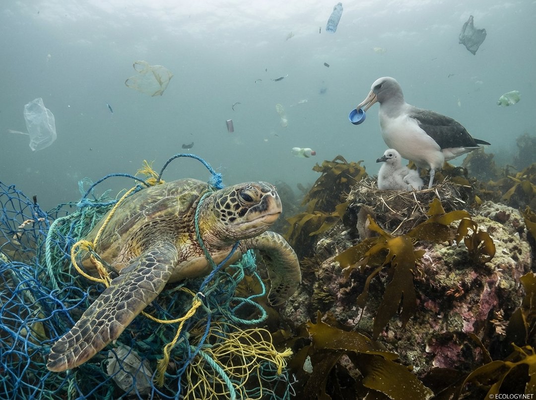 Photo-realistic image showing a sea turtle entangled in a plastic fishing net and a seabird feeding a plastic bottle cap to its chick, illustrating severe impacts on marine life.