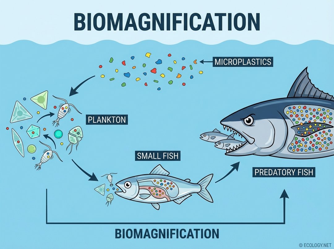 Diagram illustrating biomagnification of microplastics, showing plankton ingesting microplastics, small fish eating plankton, and predatory fish accumulating higher concentrations.