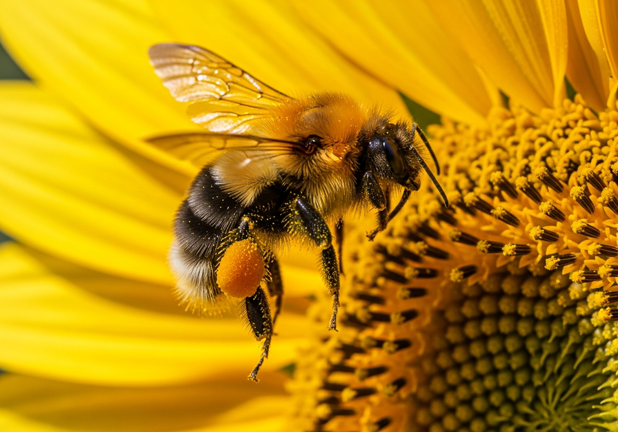 A bumblebee covered in yellow pollen hovers over a bright yellow sunflower, illustrating the transfer of pollen from anther to stigma.
