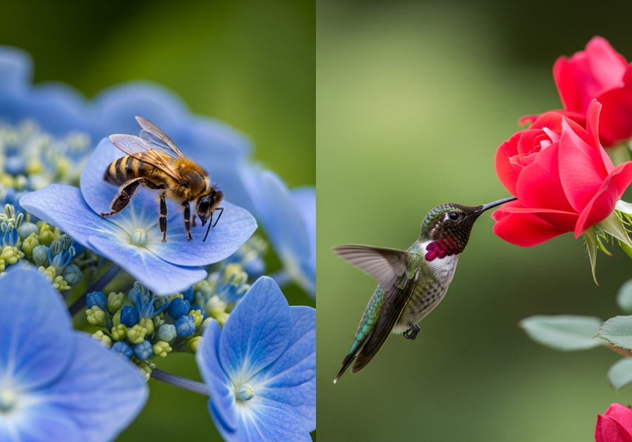 A split screen shows a honeybee on a blue hydrangea and a hummingbird sipping from a red rose, showcasing diverse pollinators.
