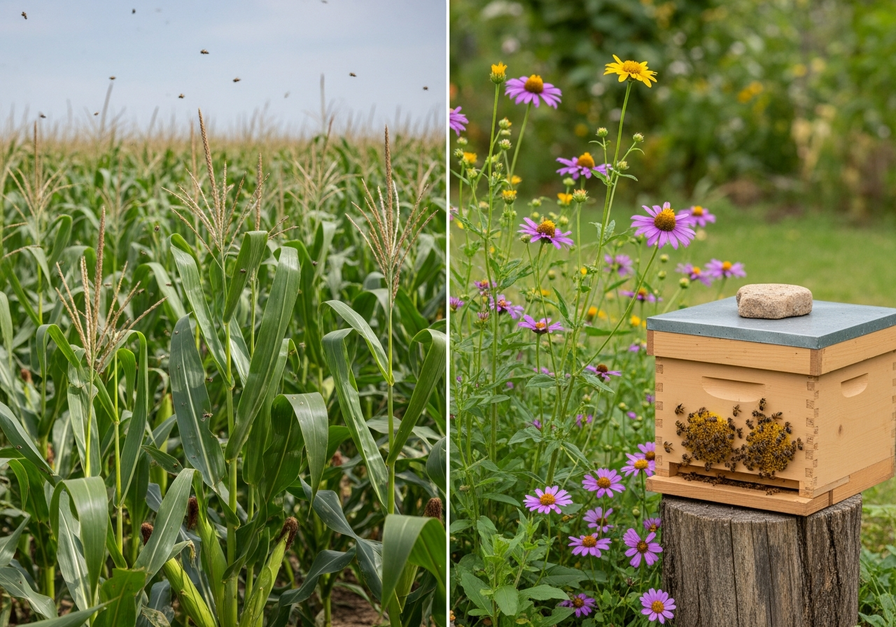 A split screen contrasts a pesticide-sprayed cornfield with a vibrant pollinator-friendly garden, highlighting threats and solutions.