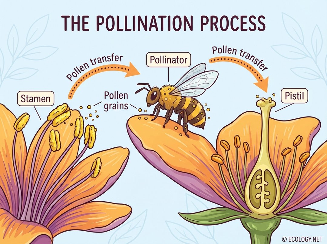 Illustrative diagram showing a bee pollinating a flower, with arrows indicating pollen transfer from stamen to pistil.