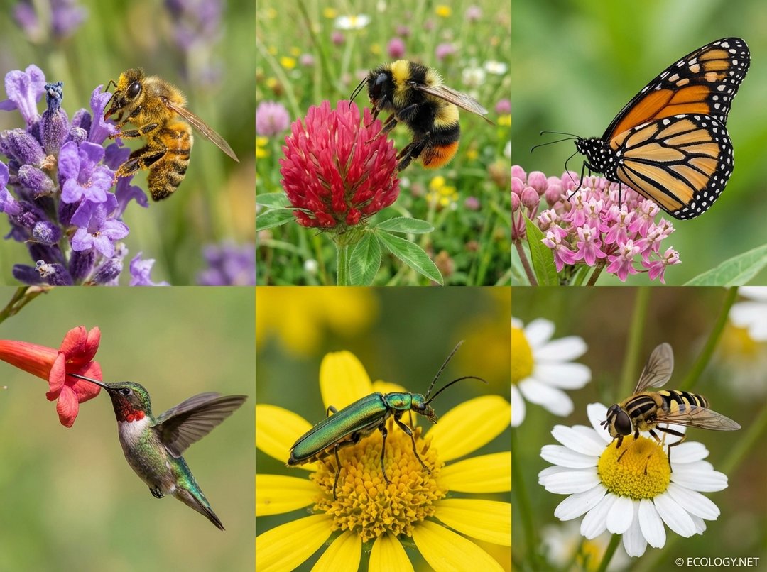 Collage of diverse pollinators including a honeybee, bumblebee, monarch butterfly, hummingbird, beetle, and hoverfly on flowers.