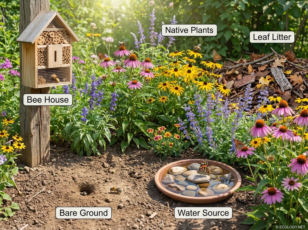 Garden scene showing pollinator habitat elements: bare ground, bee house, shallow water source, native plants, and leaf litter.