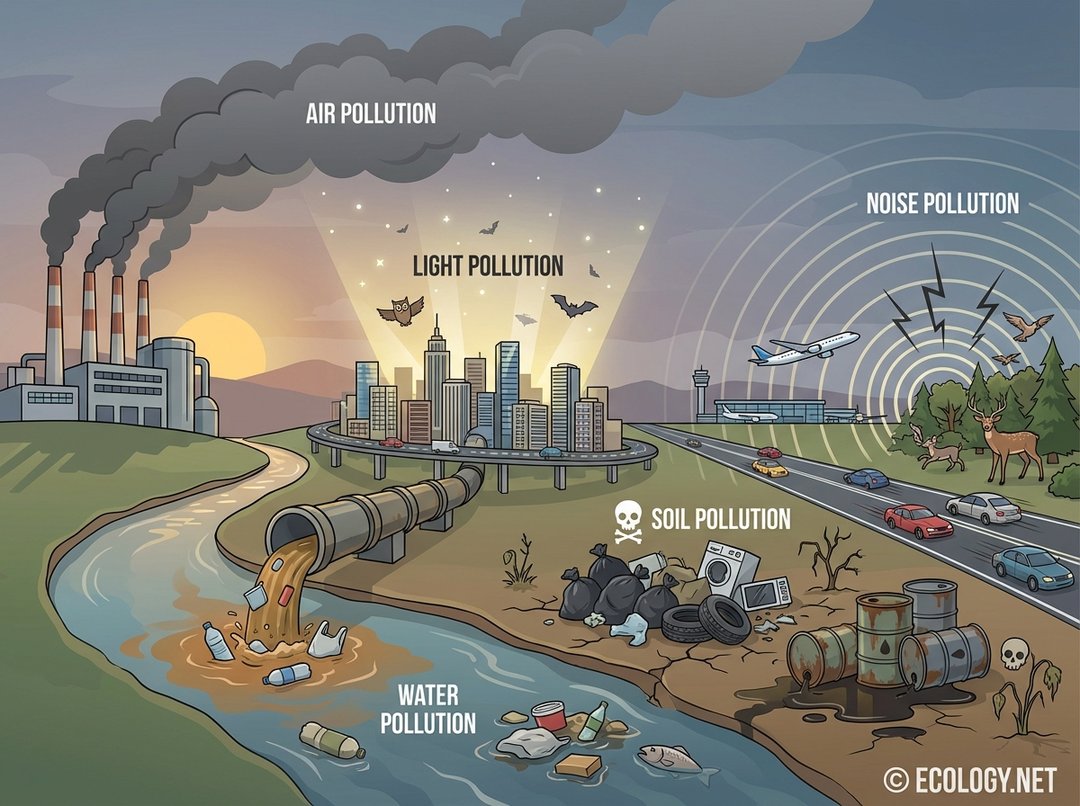 Illustrative diagram showcasing five distinct types of pollution: air, water, soil, noise, and light pollution, integrated into a single landscape.