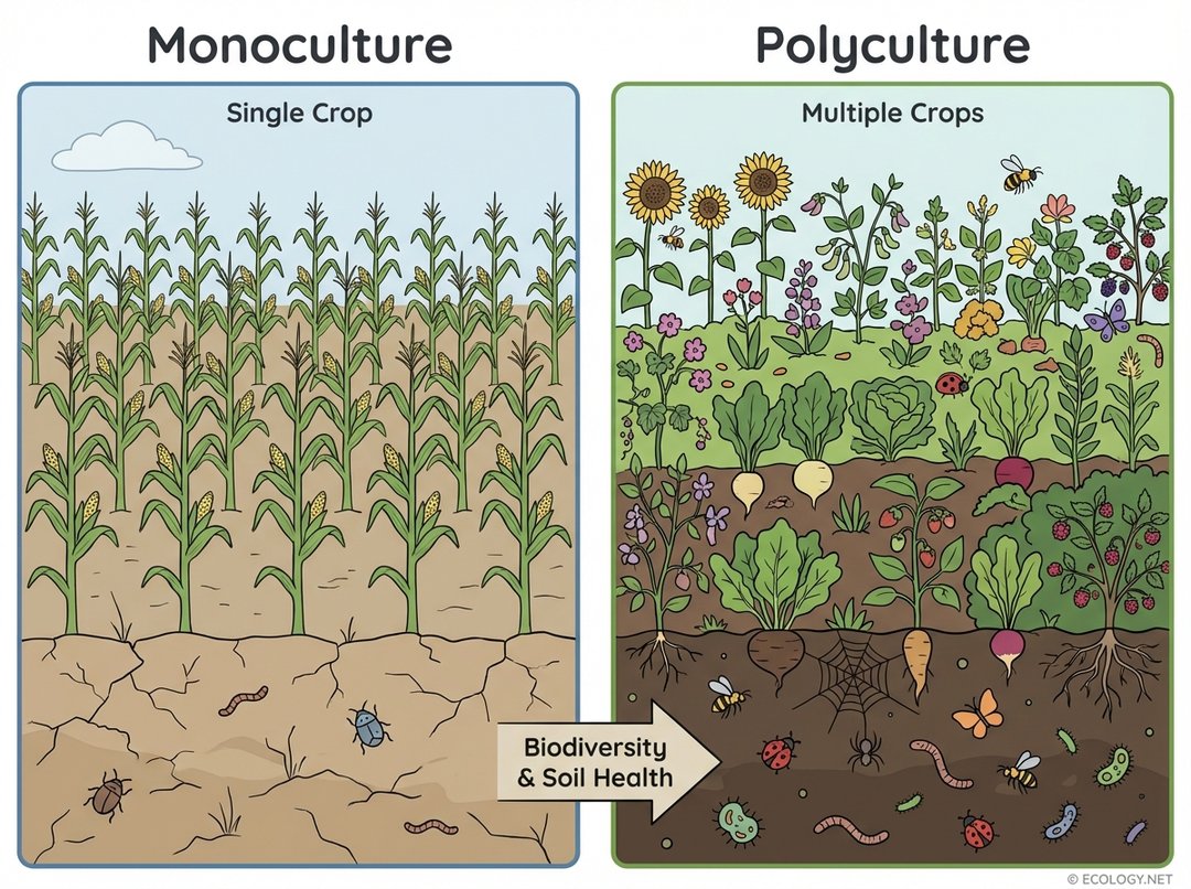 Diagram comparing monoculture with a single crop field and polyculture with a diverse, multi-crop field.