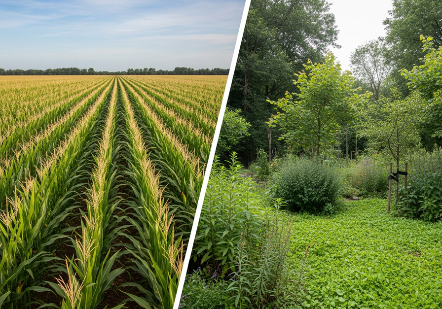 A split-screen image showing a uniform monoculture cornfield on the left and a diverse, layered polyculture forest garden on the right.