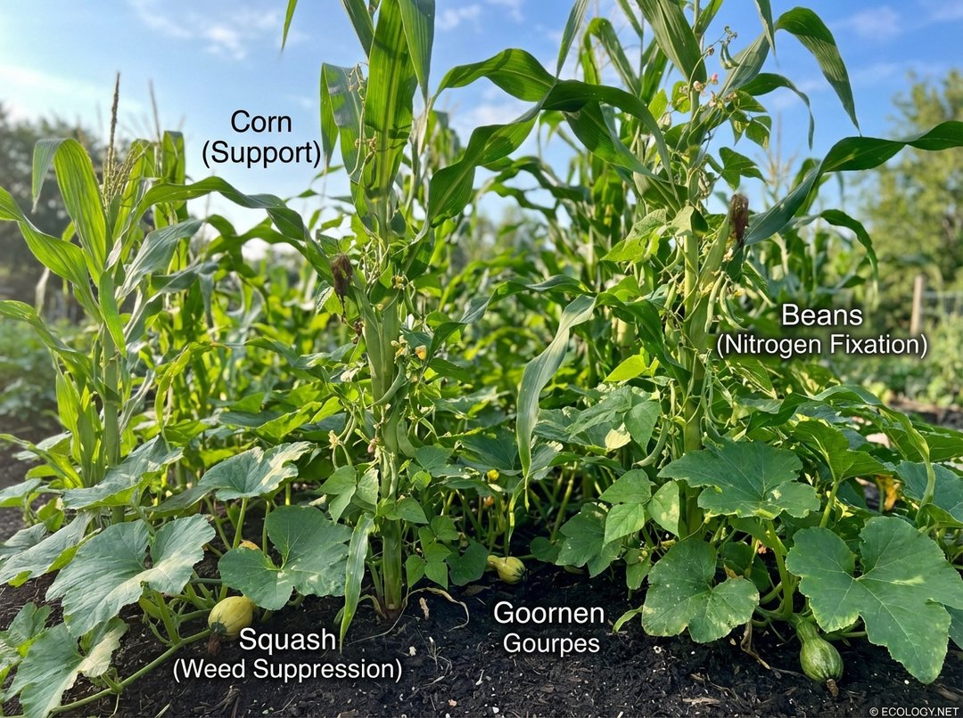 Photo of a Three Sisters garden showing corn stalks, beans climbing the corn, and squash leaves on the ground.
