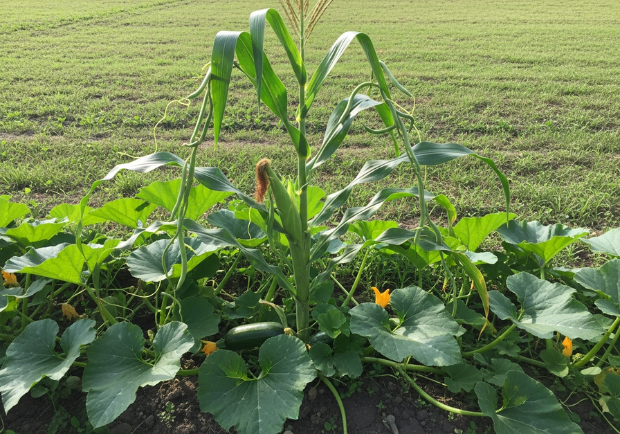 Close-up of a 'Three Sisters' planting, showing corn stalks, climbing beans, and squash leaves growing together.