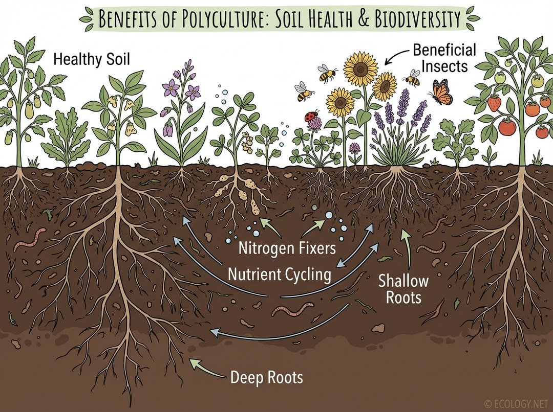 Diagram illustrating polyculture benefits, showing diverse plant roots, nitrogen fixers, beneficial insects, and healthy soil.