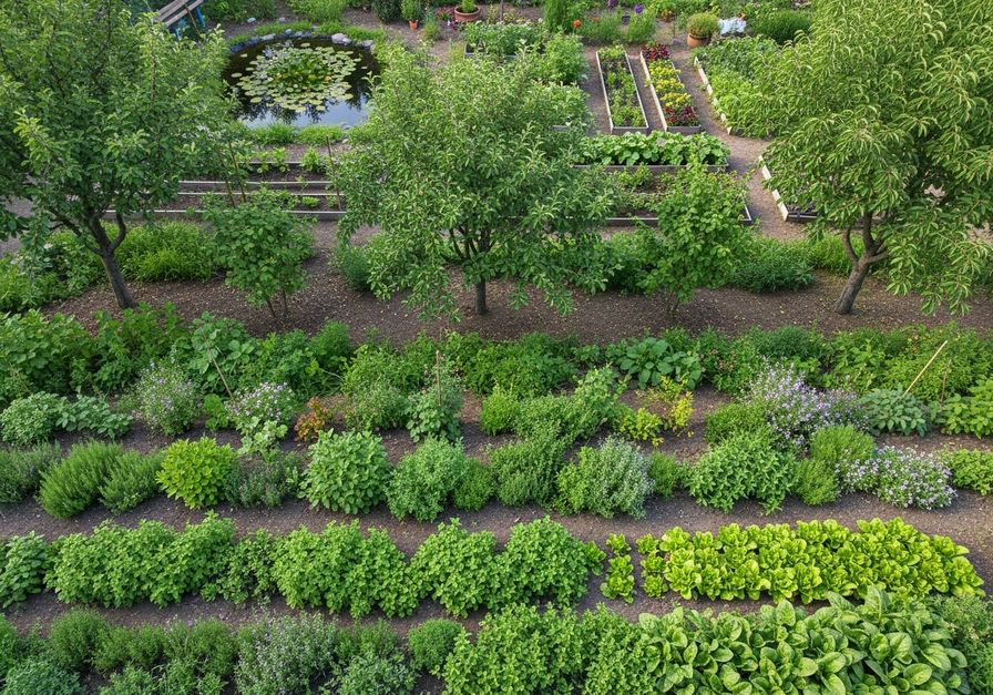 Top-down view of a mature forest garden, revealing multiple layers of plants from groundcover to fruit trees.