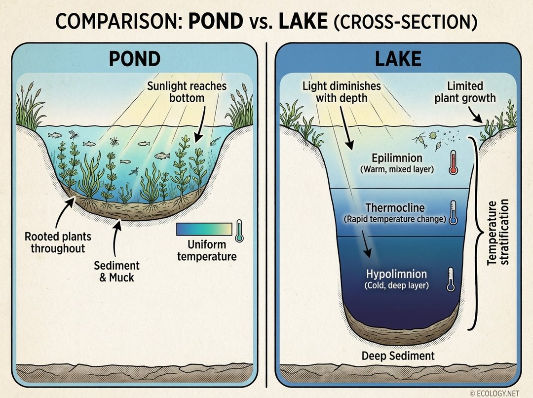 Diagram illustrating the key differences between a shallow pond with uniform temperature and rooted plants, and a deep lake with temperature stratification and limited plant growth.