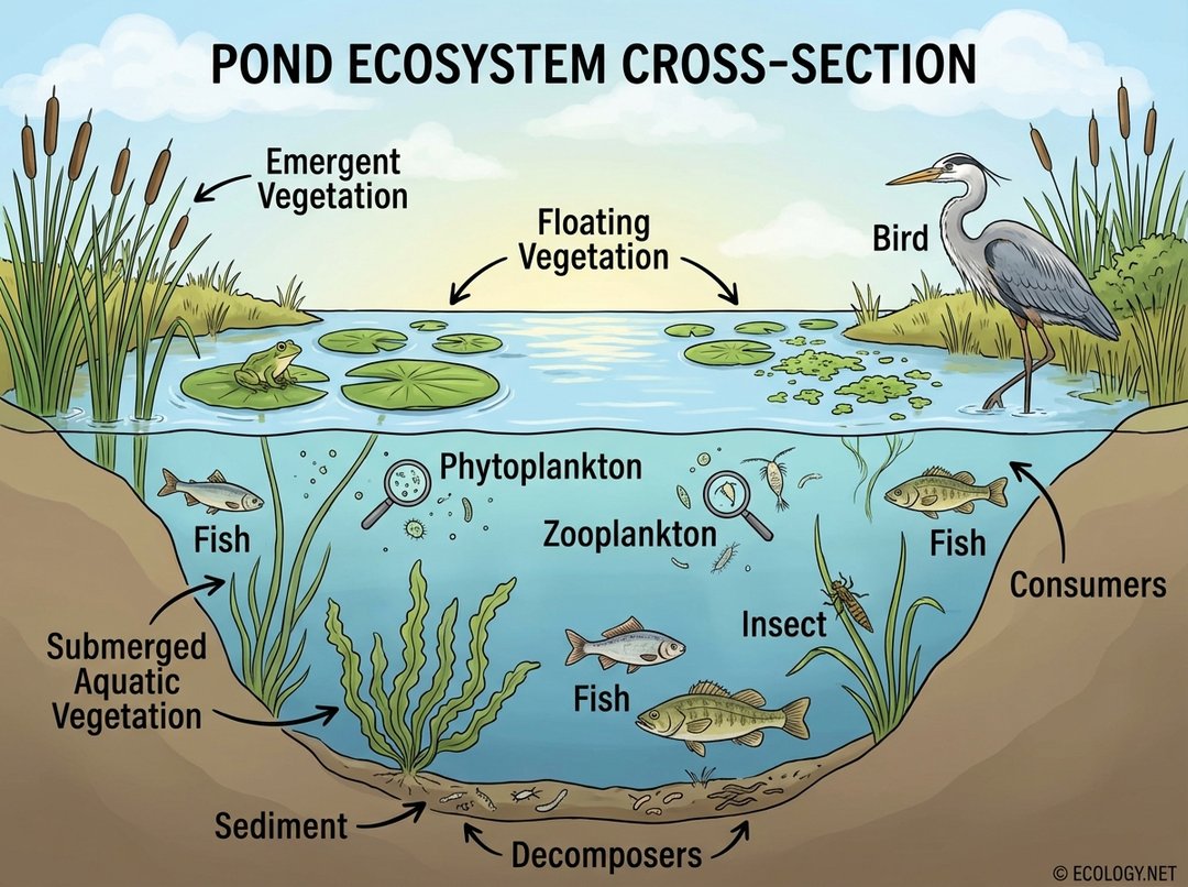 Diagram showing a pond ecosystem with floating, emergent, and submerged vegetation, various consumers like fish, insects, amphibians, and birds, along with phytoplankton, zooplankton, and decomposers.