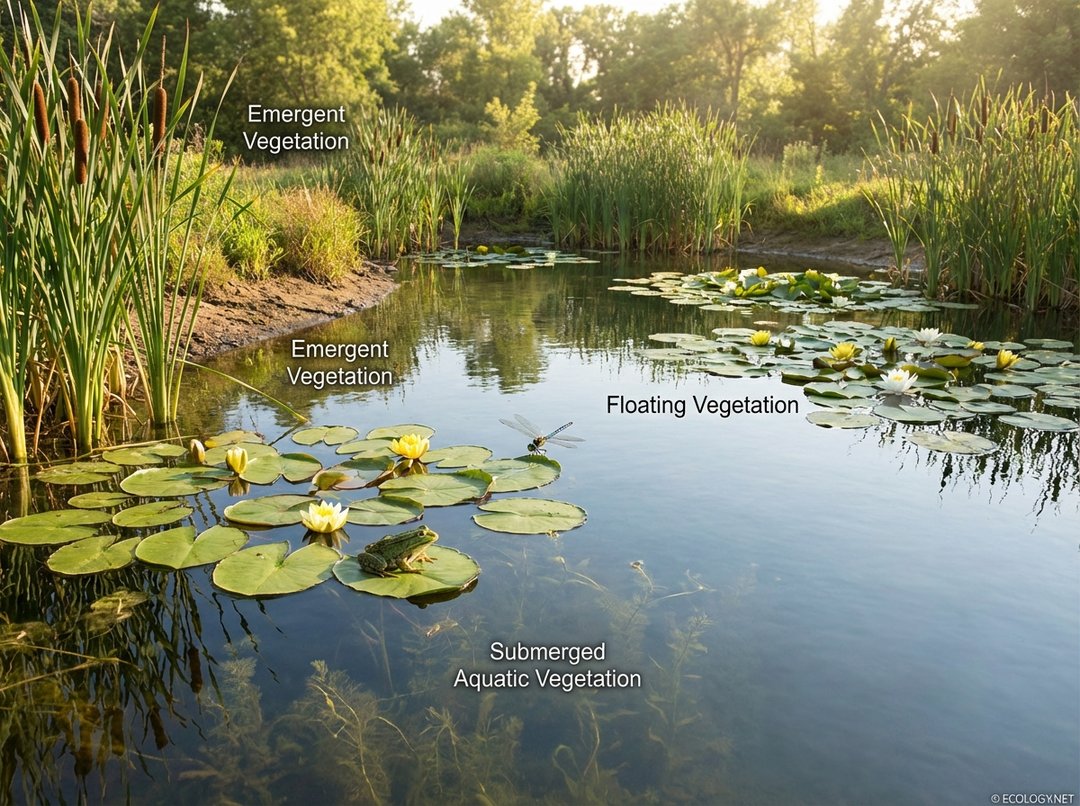 Photo of a vibrant, healthy pond with clear water, lush emergent and floating vegetation, a frog on a lily pad, and a dragonfly, showcasing biodiversity.