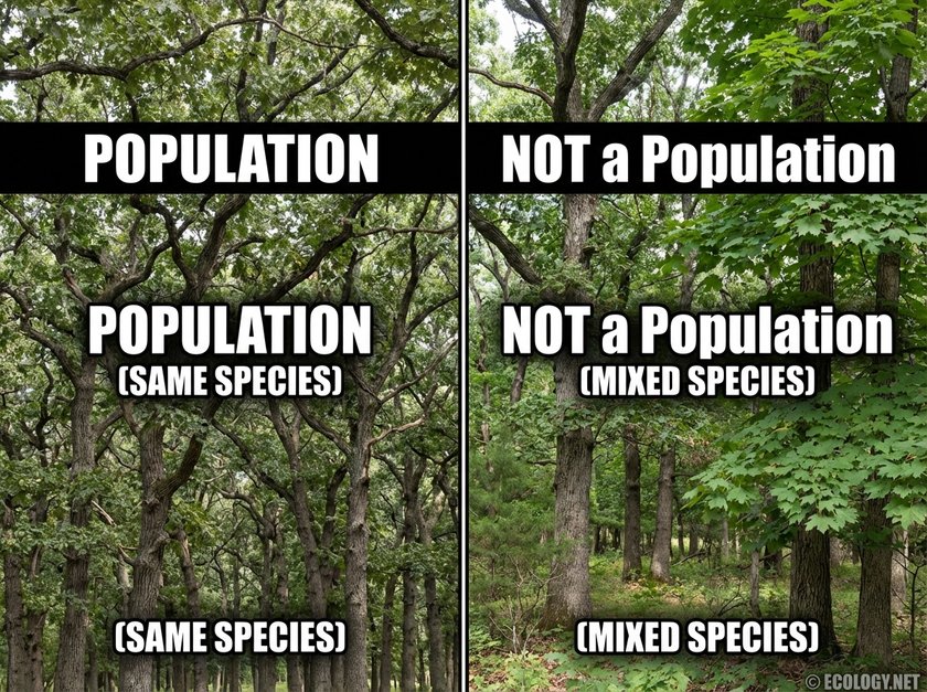 Split image defining population: identical oak trees labeled 'Population' versus mixed trees labeled 'NOT a Population'.