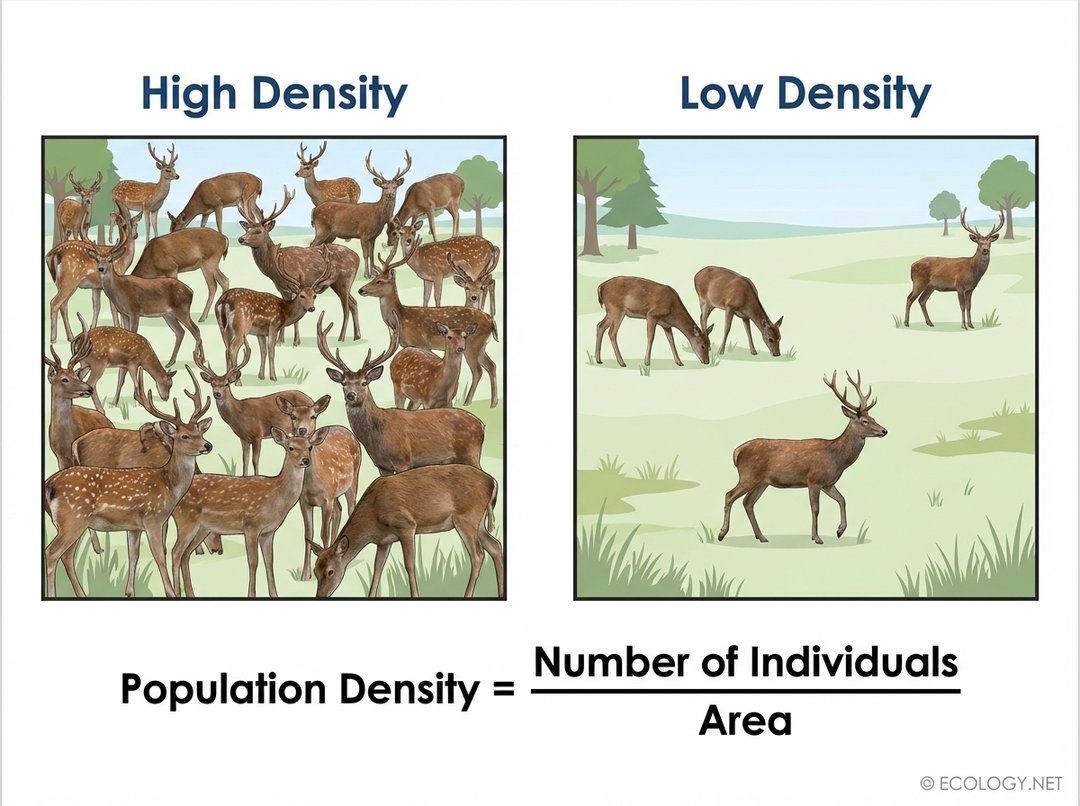 Diagram showing high and low population density with deer, and the formula: Population Density = Number of Individuals / Area.
