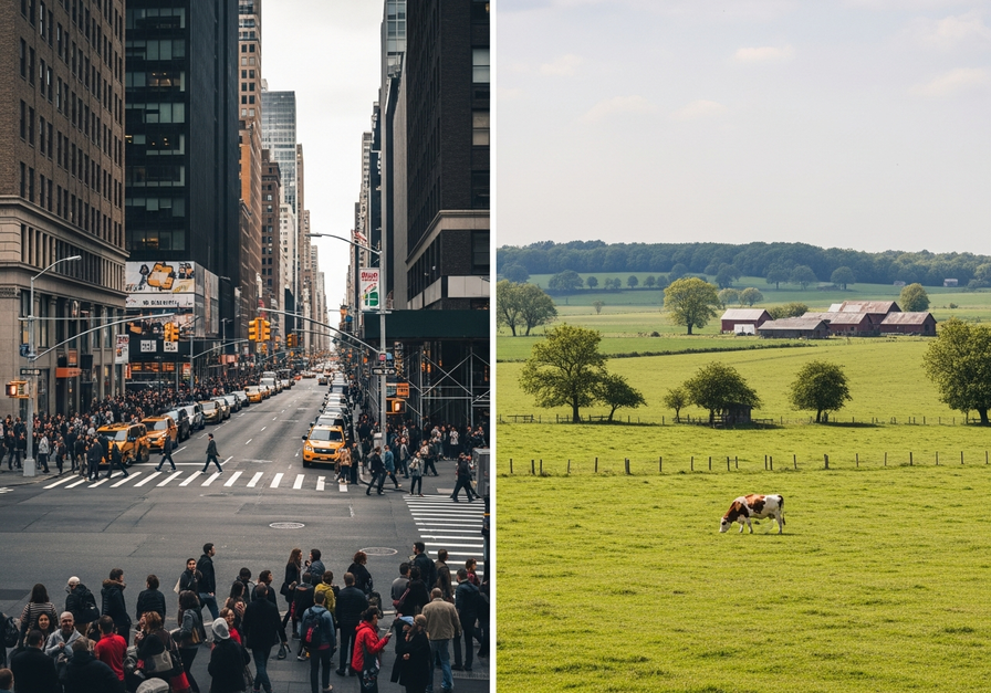 Split image contrasting a dense Manhattan street with a single cow in a wide rural pasture.