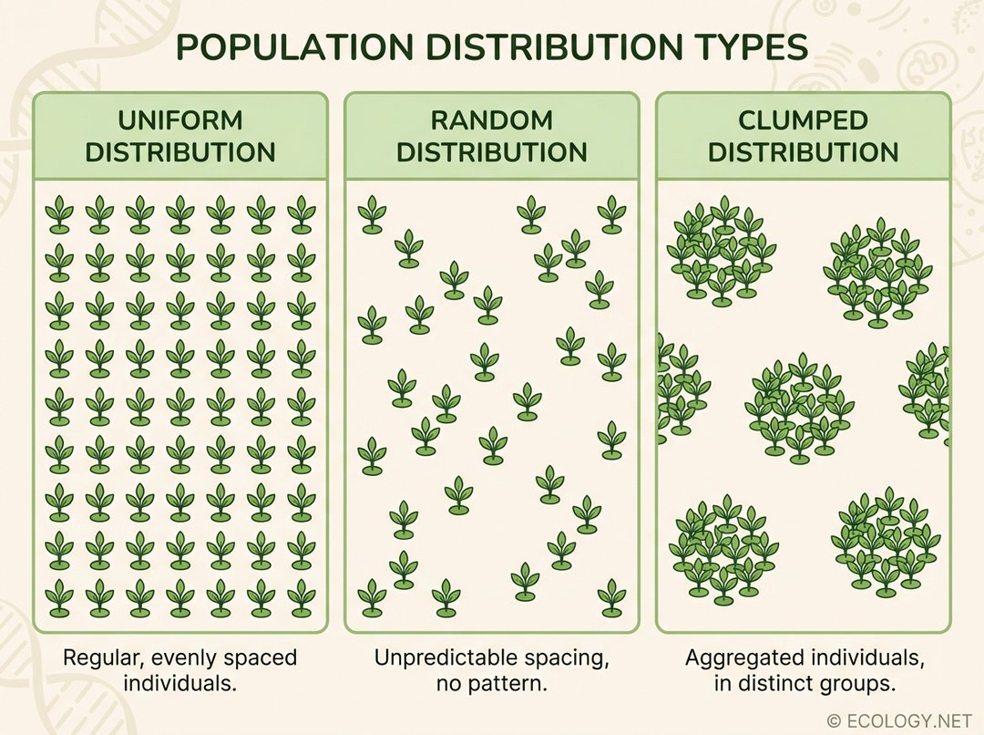 Diagram illustrating uniform, random, and clumped population distribution patterns.