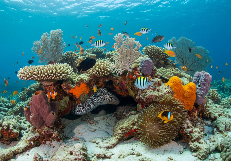 High-resolution underwater photograph of a vibrant coral reef teeming with diverse fish and marine invertebrates.