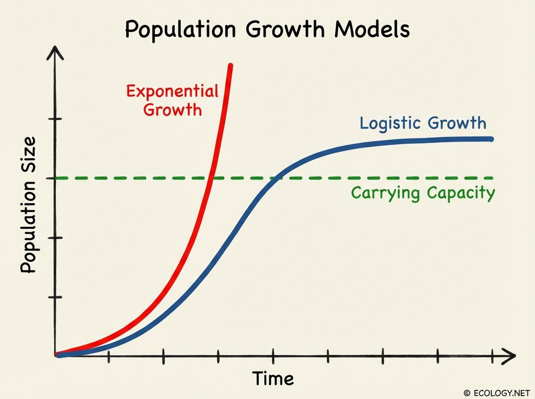 Line graph showing exponential and logistic population growth curves approaching carrying capacity over time.
