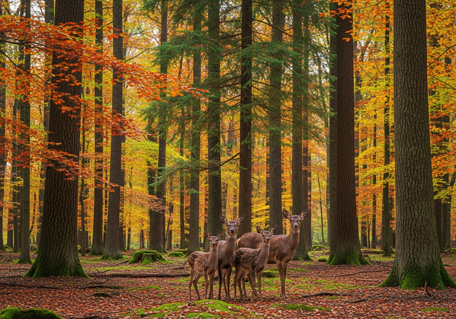 Wide-angle photograph of a temperate forest showing a small cluster of deer standing together on the forest floor.