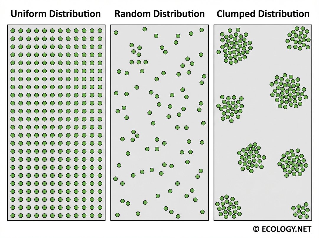 Diagram illustrating uniform, random, and clumped population distribution patterns with green dots.