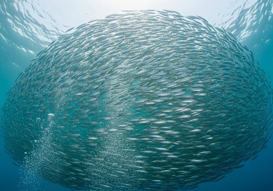 A dense school of sardines swimming tightly together in clear coastal waters, illustrating clumped distribution.